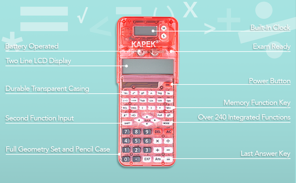 KAPEK Scientific Calculator + Math Set for Schools 2Line Display