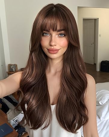 24 Zoll dunkelbraune Perücke mit Pony. Lange, lockige, natürliche, synthetische, hitzebeständige Perücke für Frauen._voghion.com