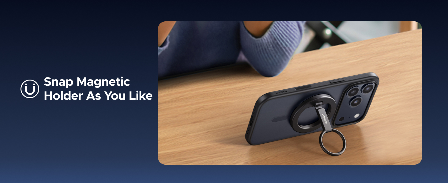 Text reads 'Snap Magnetic'. Shows wooden surface with magnetic mounting demonstration indicating flexibility of attachment options.