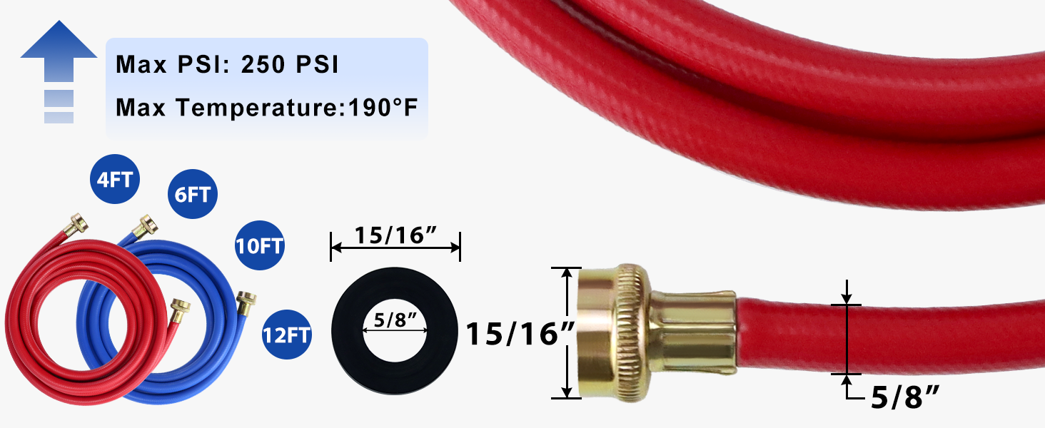 2 PACK Rubber Washing Machine Hoses Burst Proof Red and Blue Coded Washer Machine