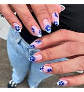 IMRAIN Press on Nails, Blue Flower, Medium Almond Fake Nails with French Tip, Acrylic Glossy Fals...