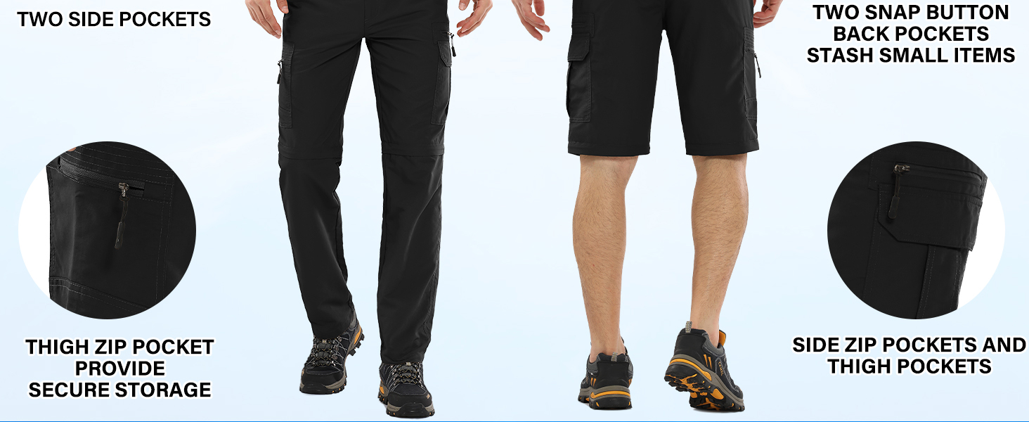 Text reads 'TWO SIDE POCKETS' and 'TWO BACK BUTTON POCKETS AND COIN POCKET'. Technical diagram showing various pocket placements on pants.