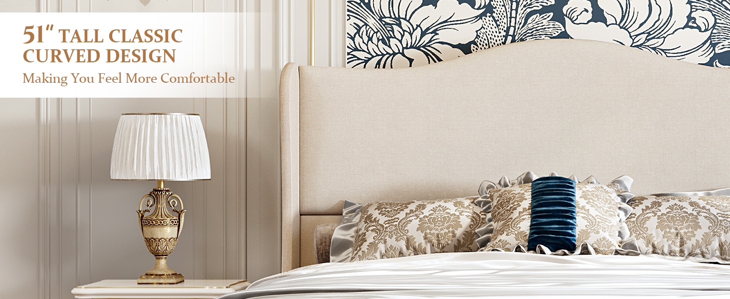 Bed Frame Upholstered Platform Bed with 51 inches Tall Headboard Wingback