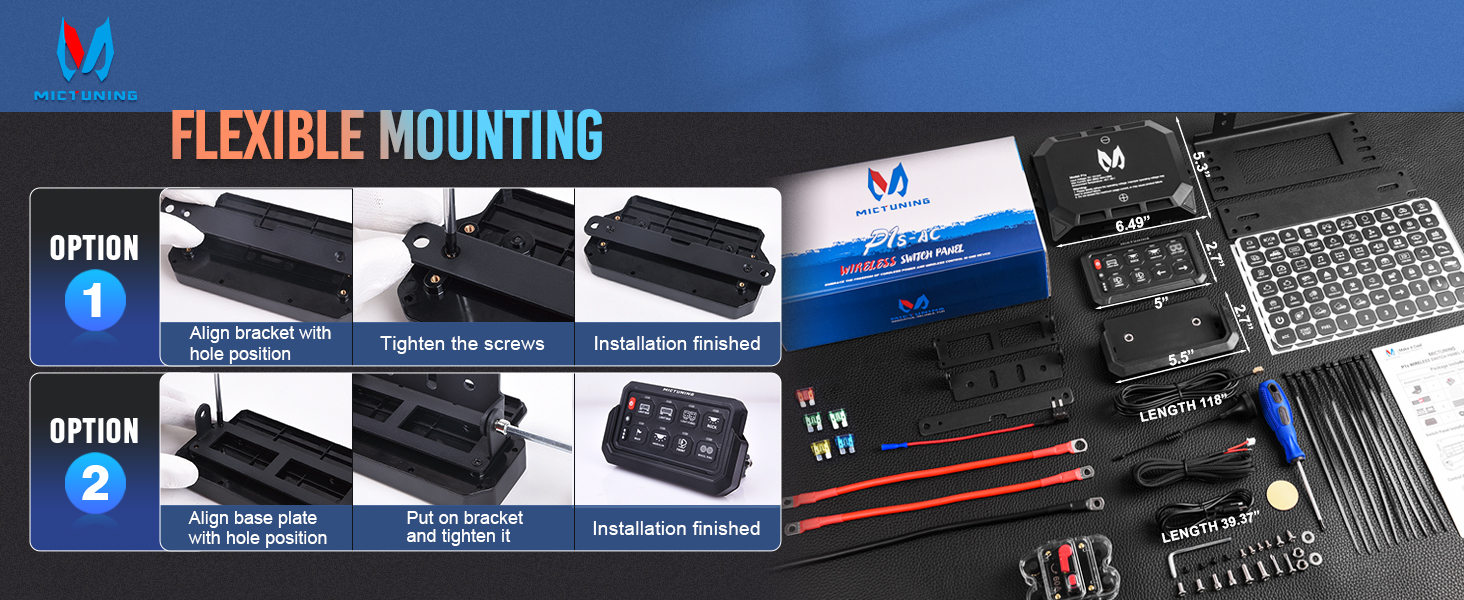 Text reads 'FLEXIBLE MOUNTING'. Product demonstration image showing electronic mounting options with multiple panels displaying various installation configurations.