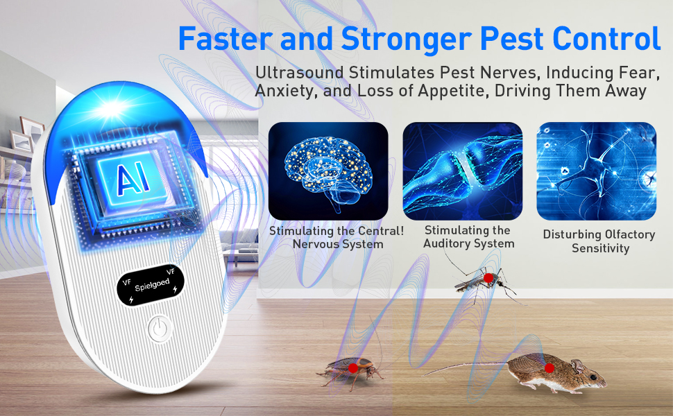 Ultrasonic pest control device with AI chip, displaying diagrams of its effects on pests' nervous systems and behavior. Device shown repelling insects and rodents.