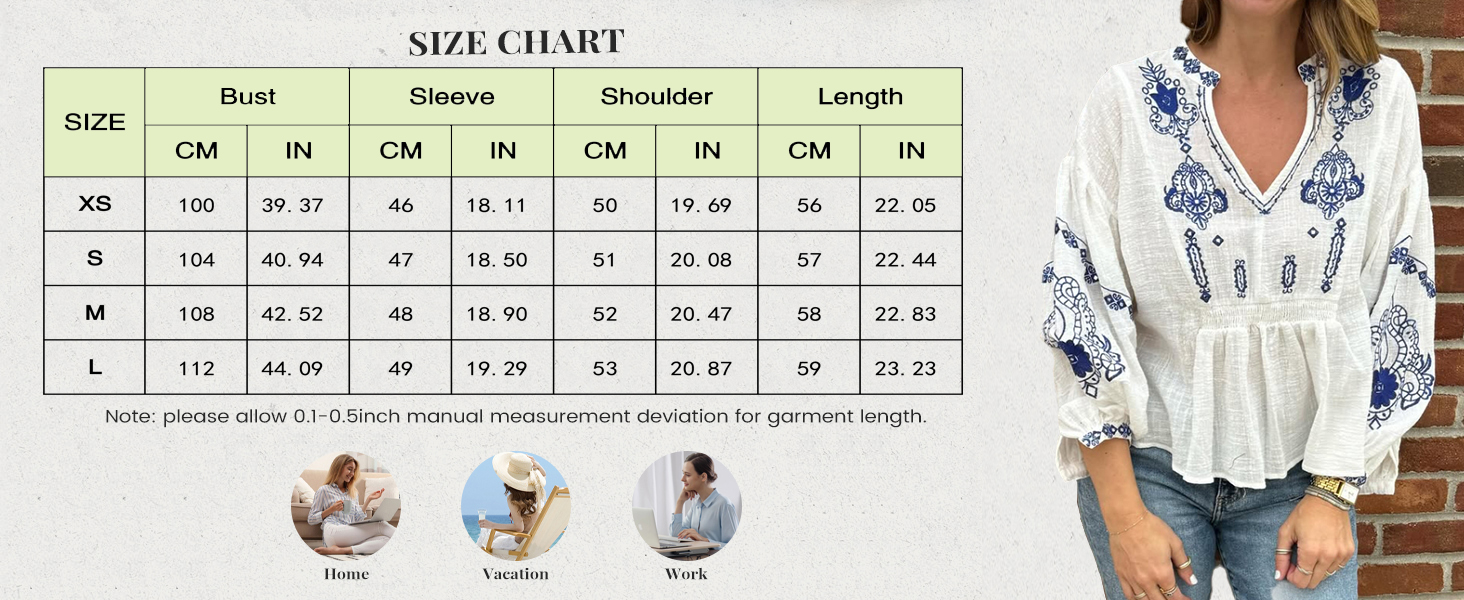 Retro womens clothing v-neck, delicate floral embroidery, puff sleeves, bohemian style, loose fit