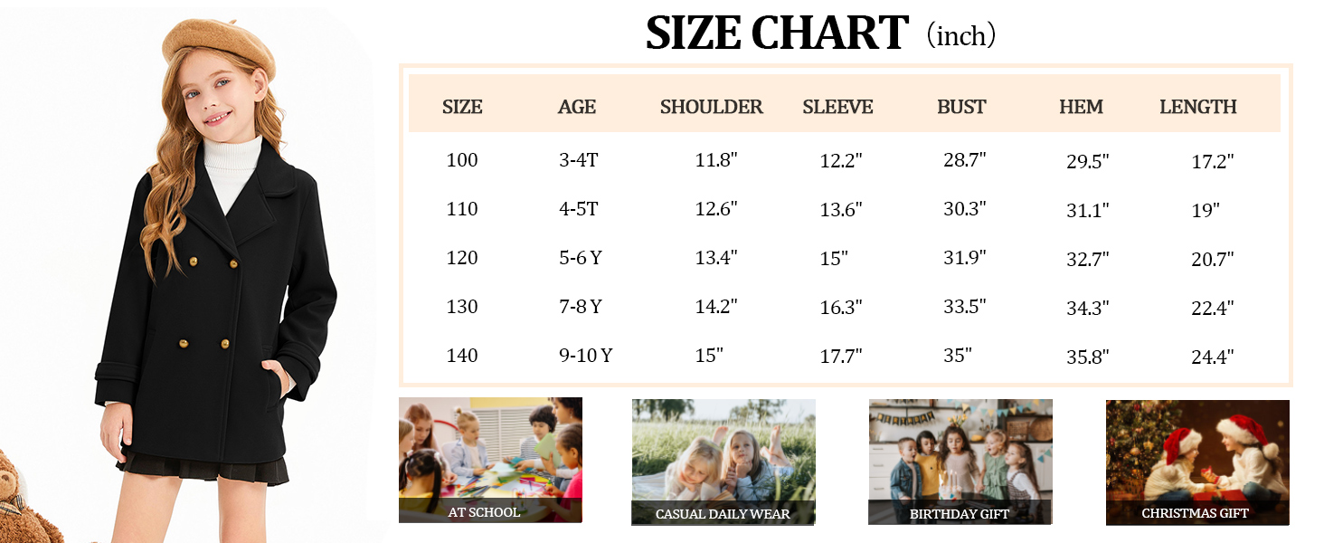 Girls Peacoat Winter Dress Coat Double Breasted Kids Fall Outerwear Jackets with Pockets 3-10 Years
