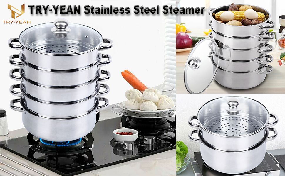 TRYYEAN Stainless Steel Steamer with Glass Lid, 5 Tier 30cm, Cookware