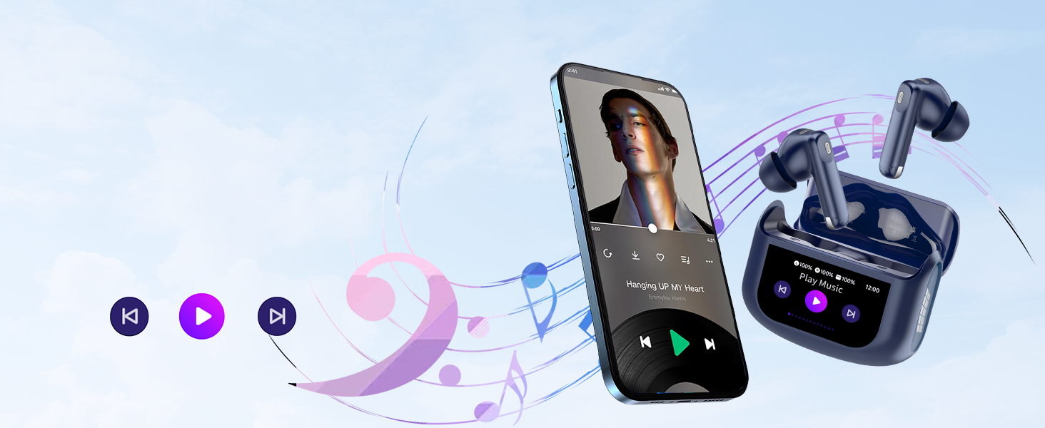 Wireless earbuds with charging case displayed alongside a smartphone showing music playback interface with musical notes graphic.