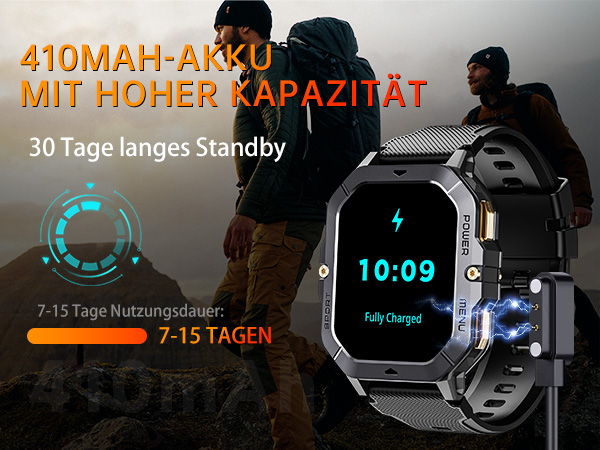 Smartwatch mit großem Display, das die Uhrzeit 10:09 anzeigt. Verfügt über eine Akkukapazität von 410 mAh, einen Bereitschaftsmodus von 30 Tagen und eine Nutzungsdauer von 7 bis 15 Tagen. Robustes Design für