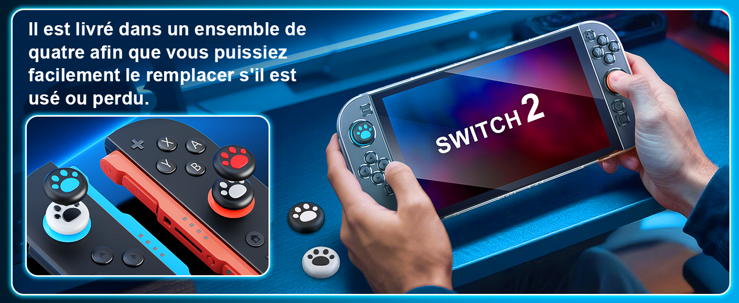 Texte en français visible avec la marque « SWITCH2 ». Série d'images de produits montrant ce qui semble être un accessoire de jeu avec des effets de lumière bleue.