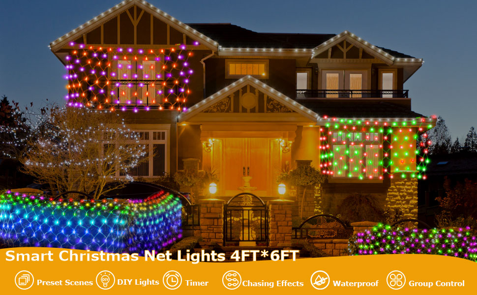 Smart Net Lights for Bushes 150LED 6ft x 4ft, Programmable RGBW
