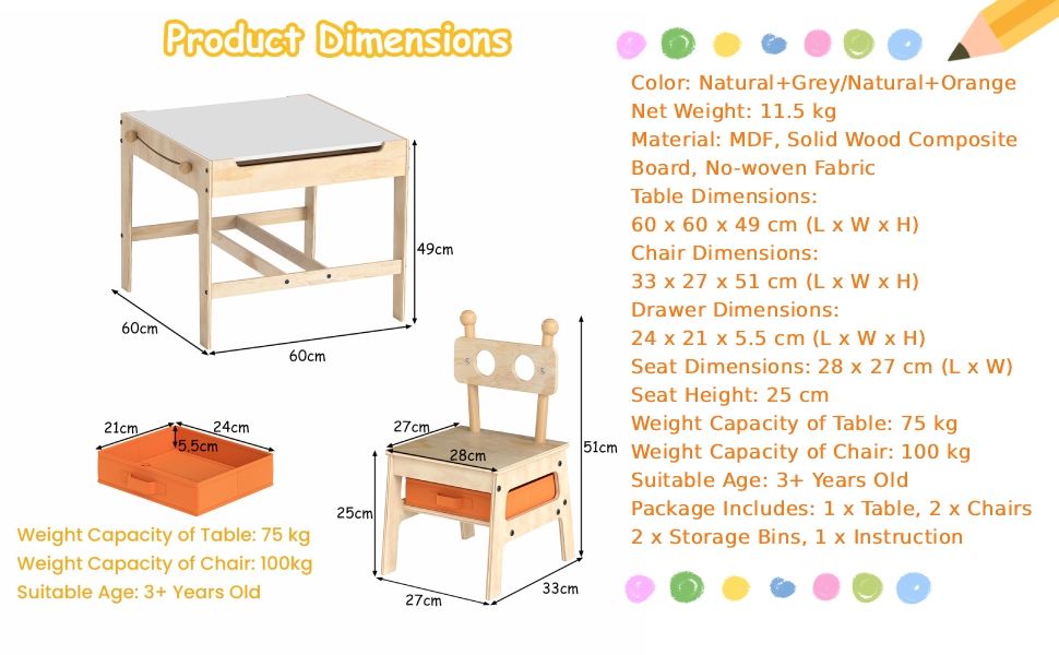 Text reads 'Product Dimensions' with detailed measurements and specifications for wooden furniture assembly, including table dimensions and weight capacity.