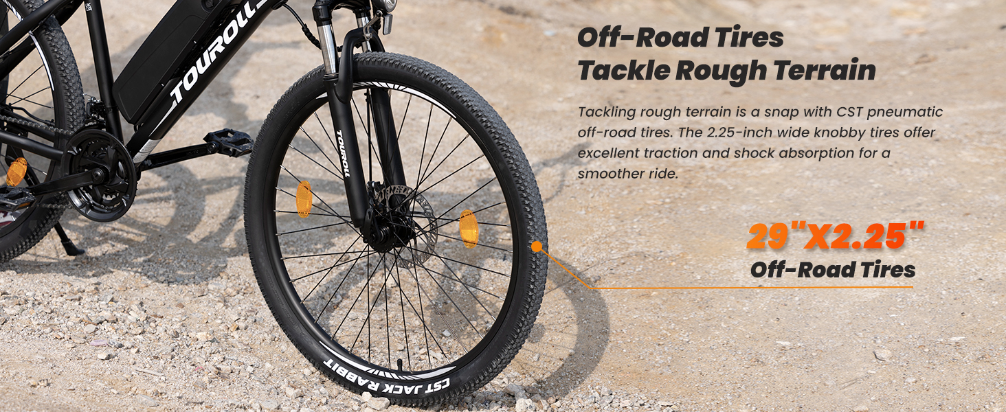 Close-up of bicycle tire showing off-road tread pattern. Text indicates 29