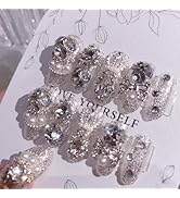 SINHOT Luxury Press on Nails - Medium Almond Fake Nails 3D Handmade Glitter & Bowknots Reusable F...
