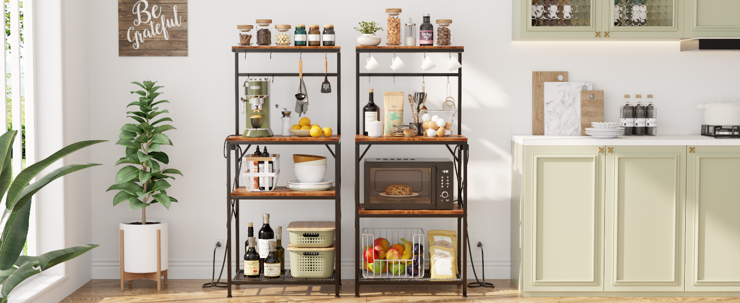 Kitchen Bakers Rack with Power Outlet, Small Microwave