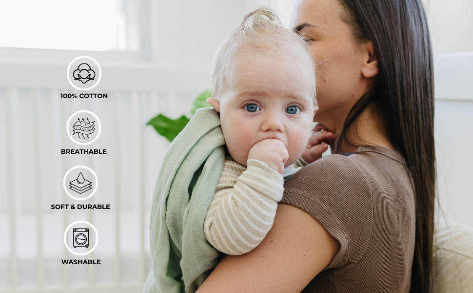 Baby with icons: 100% cotton, breathable, soft &amp; durable, machine washable