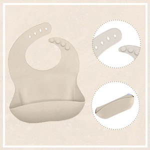 Beige silicone baby bib with wide catch pocket. Multiple views show foldable design for compact storage. Smooth, wipeable surface for easy cleaning.