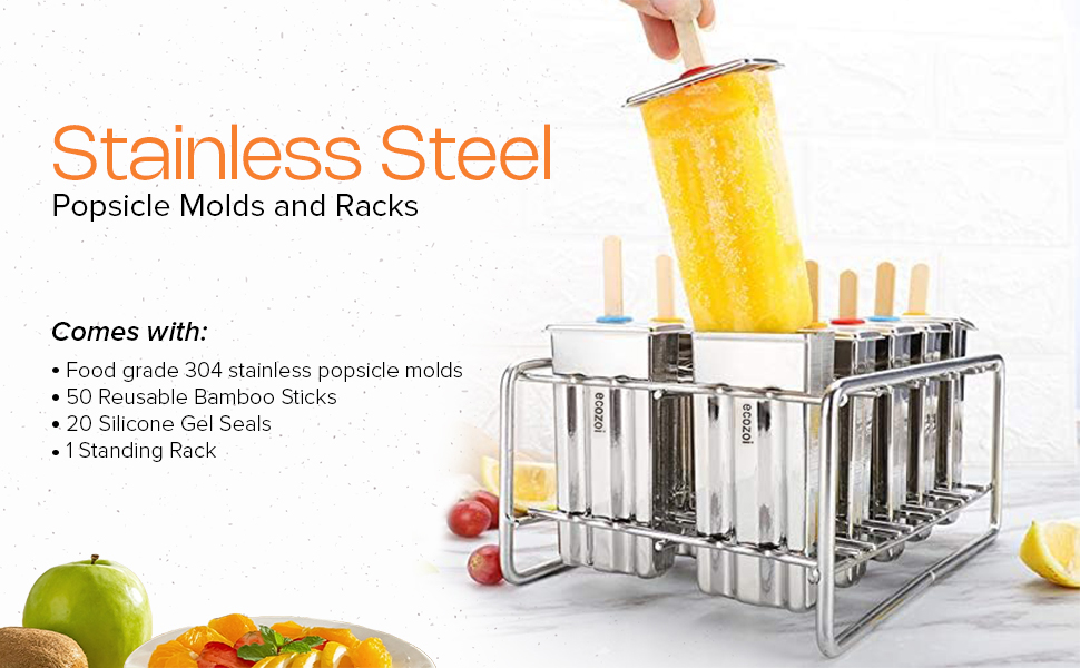 Stainless steel popsicle molds and rack square ice pop makers reusable bamboo sticks