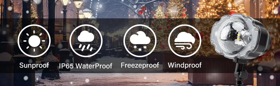 Text reads 'Sunproof IPX5 WaterProof FreezeProof WindProof'. Row of weather resistance icons with corresponding text labels below each symbol.