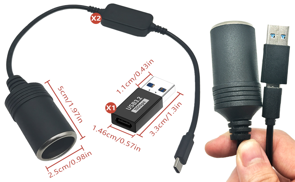 USB C to 12V/Cigarette Lighter with usbC to USBa Converter size about