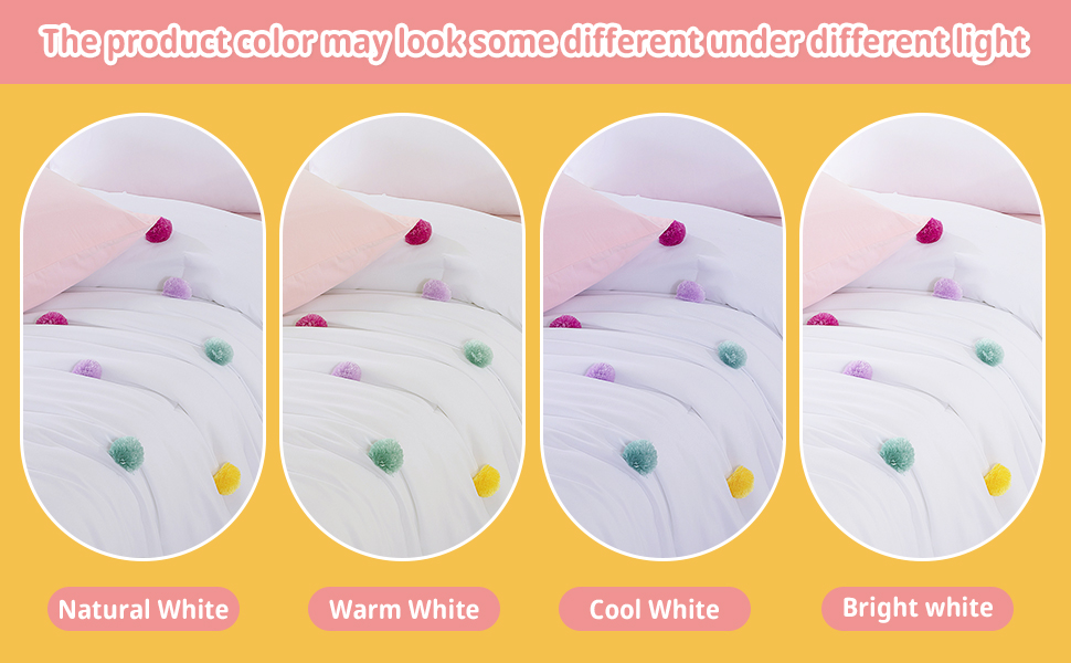 HOMBYS Pom Poms Bedding Comforter Set for Girls, 5 Piece White Pink Boho Kids
