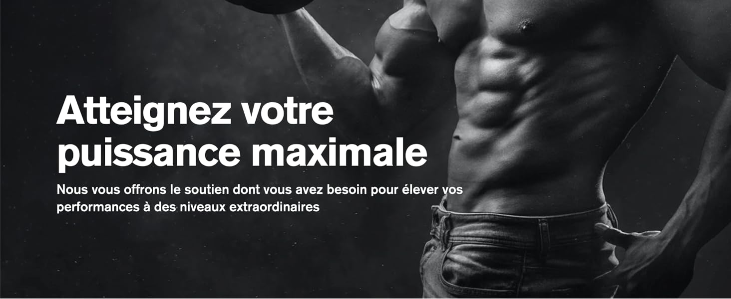 Image promotionnelle en noir et blanc sur le thème du fitness montrant un torse et des bras musclés avec un texte en français sur
