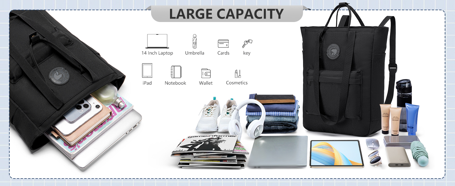 Le texte indique « GRANDE CAPACITÉ ». Présentoir de produits présentant un sac noir à plusieurs compartiments, ainsi que des accessoires électroniques et des articles de rangement.