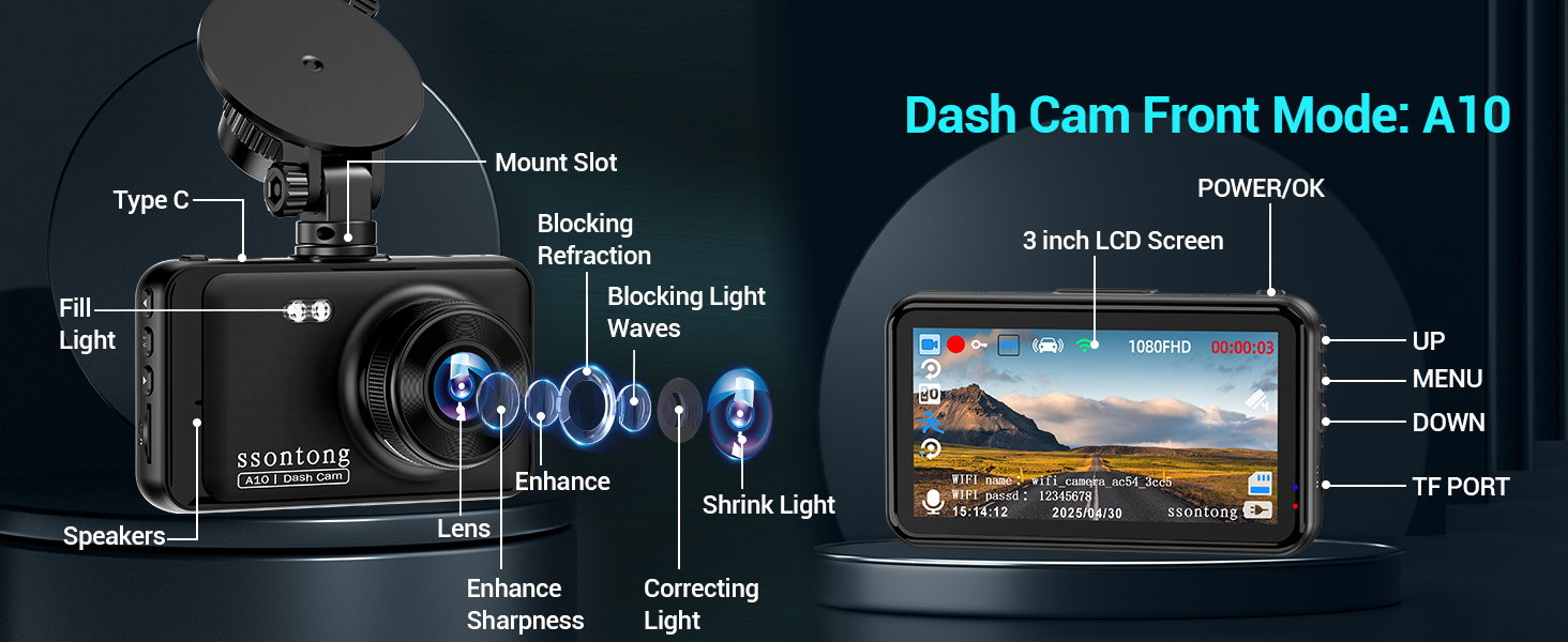 Dash cam with 3-inch LCD screen, featuring night vision, motion detection, and parking mode. Diagram shows mount slot, lens, and various lights for enhanced functionality.