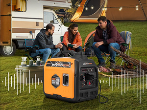 Series of outdoor scenes showing portable generator in use during various activities, with orange generator visible in multiple settings.