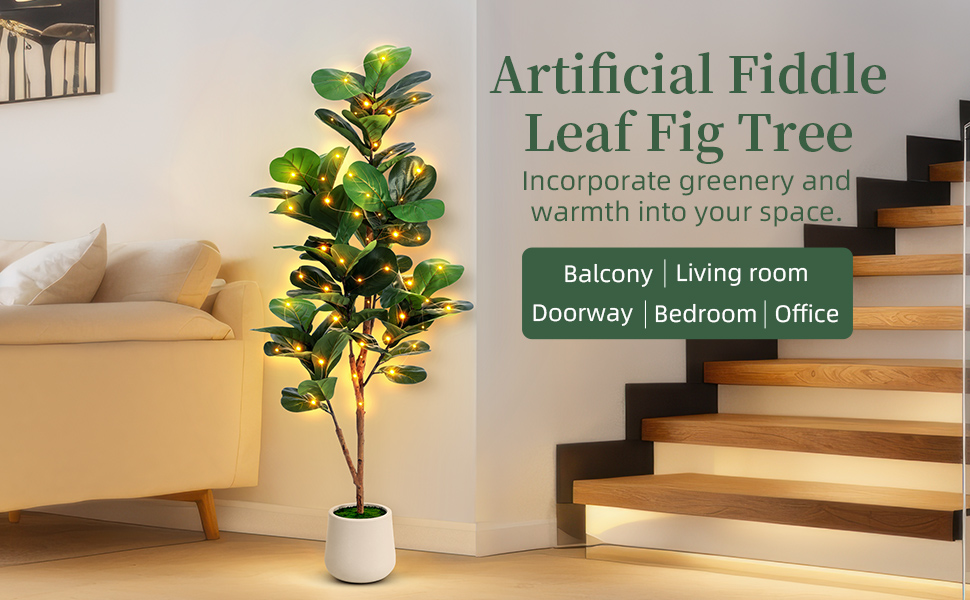 5ft Artificial Fiddle Leaf Tree with Fairy Lights for Indoor Home Office Foyer Corner Outdoor Decor