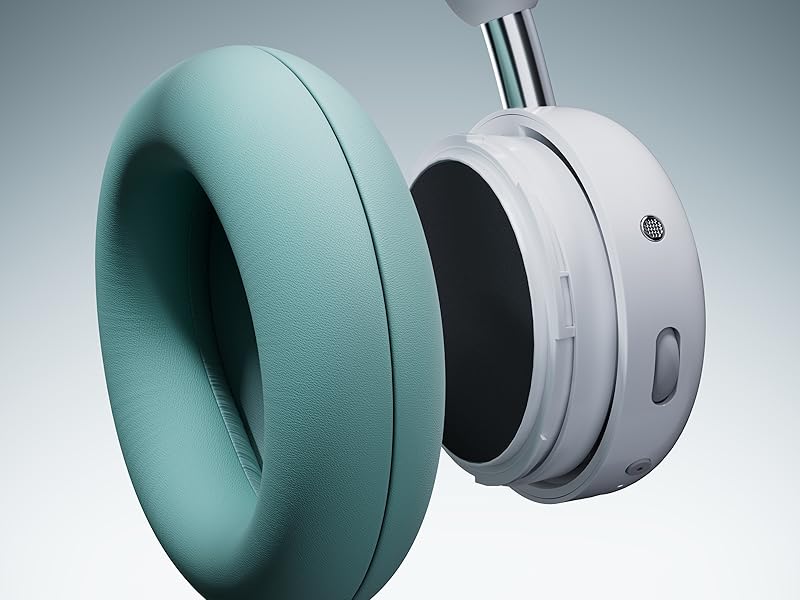 Capturas en primer plano de auriculares de color verde menta y blanco desde varios ángulos, que muestran detalles de los auriculares y la diadema.