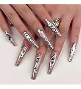 IMRAIN Press on Nails Long Coffin Fake Nails Silver Aurora French False Nails Tips with Laser Dia...