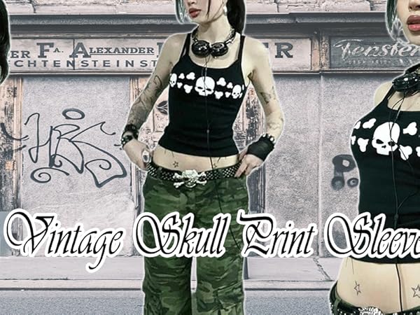 Mxiqqpltky Women's Grunge Gothic Tank Tops Y2K Vintage Skull