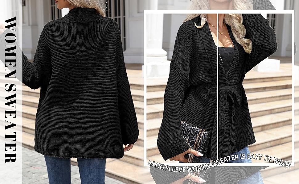 LANYO LILI Women's Black Belted Sweater Cardigan, Soft Open