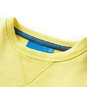 Close-up of a yellow sweatshirt collar with ribbed neckline. Blue contrast stitching visible on the inner neckline.