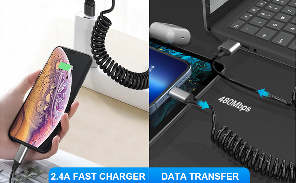 Coiled iPhone Cable Apple Carplay & MFi Certified, Retractable iPhone Charger Cord