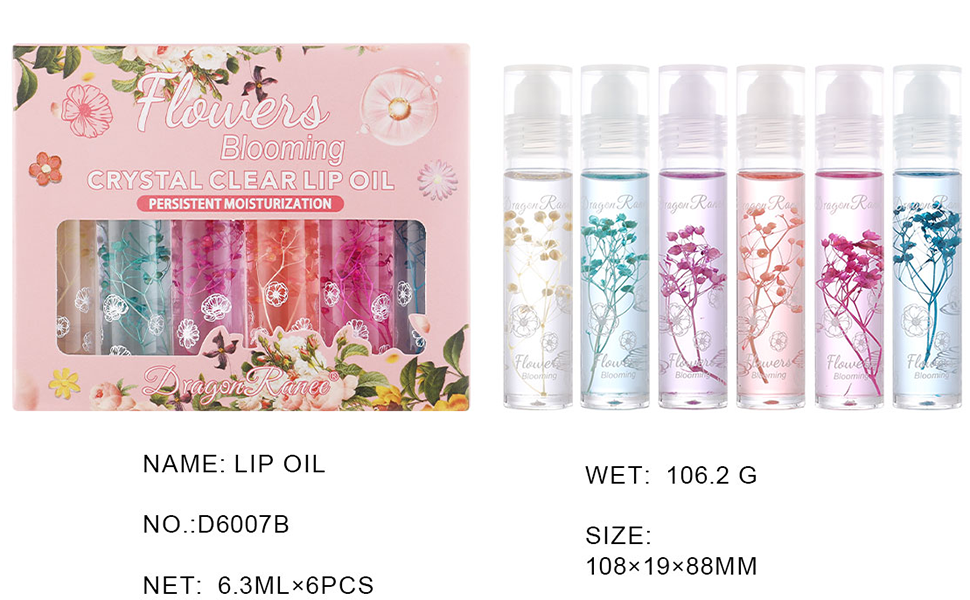 Flower Jelly Lip Oil Set van 6 hydraterende crème, lang aanhoudende roll-on lipgloss