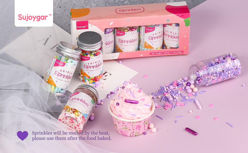 Fancy Sprinkles Set 4 Colors, Heart Sprinkles, Sujoygar, 50g/Bottle, Sprinkles for