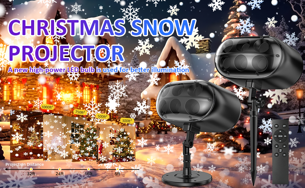 Outdoor Christmas snow projector. Two black units shown with snowflake patterns projected onto building facade in nighttime scene.