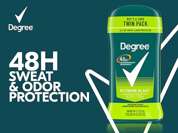 Product shot of a Degree antiperspirant deodorant stick over a dark green background.