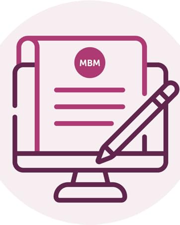 pink and purple logo showing a computer and pencil