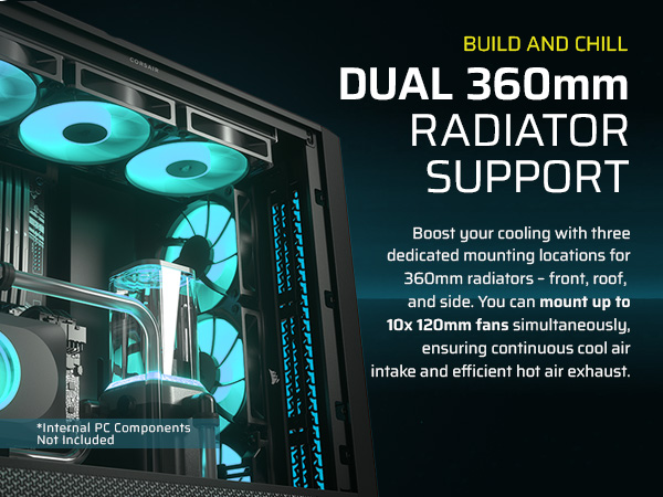 dual 360mm radiator support; dual radiator support; wide radiator compatibility;