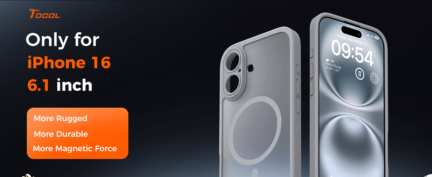 Clear phone case for iPhone 16 6.1 inch model. Features include rugged design, durability, and enhanced magnetic force. Shows front and back views of the case on a phone.