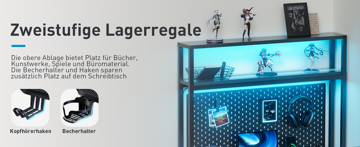 Zweistufiges Lagerregalsystem mit blauer LED-Hintergrundbeleuchtung. Verfügt über eine perforierte Metallrückseite und beinhaltet Montageteile. Der Text lautet „Zweistufige Lagerregale“ (Zweistöckige Lagerregale