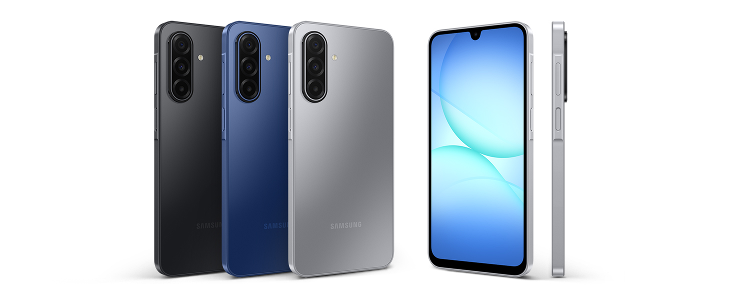 Gamme de produits comprenant des smartphones dans des variantes de couleur noir, bleu et argent, affichés sous plusieurs angles avec des vues de face et de dos.