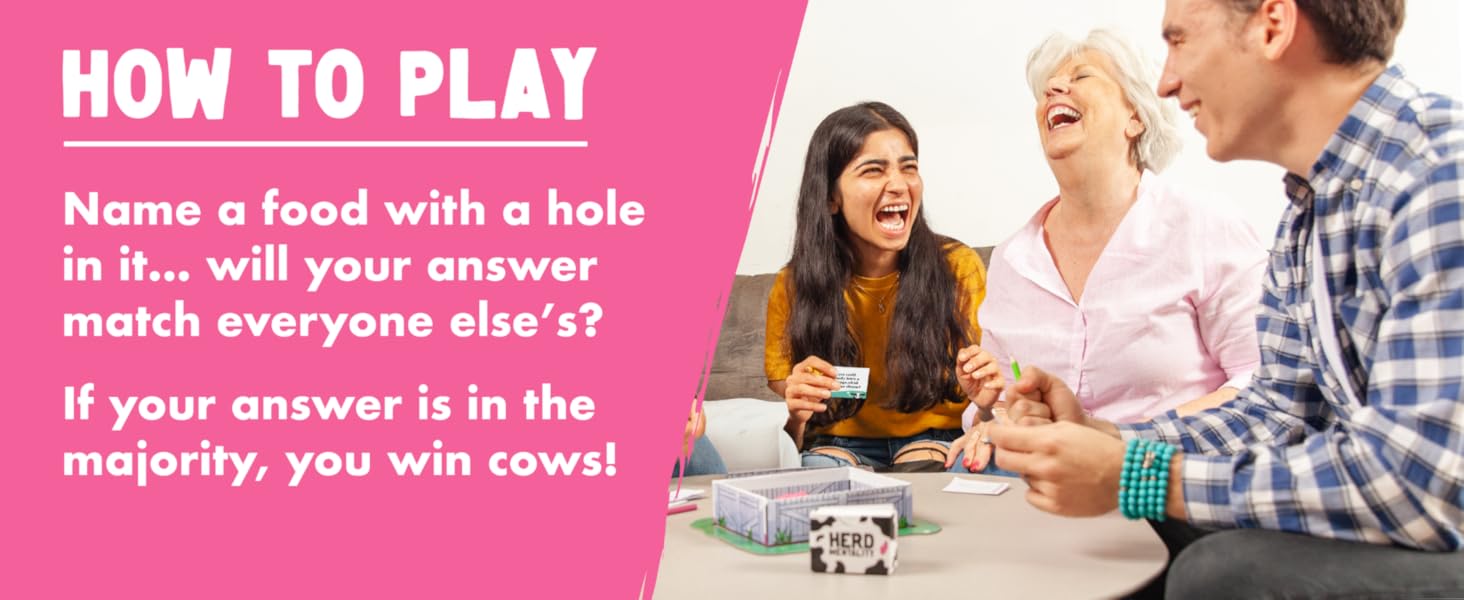 Text reads 'HOW TO PLAY' in pink banner. Series showing people gathered around a table playing a party game with cards or papers.