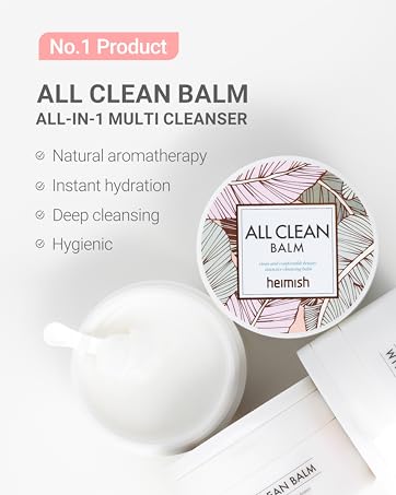 All Clean Balm by Heimish, an all-in-1 multi cleanser. Product features include natural aromatherapy, instant hydration, deep cleansing, and hygienic properties. Shown in circular white container.