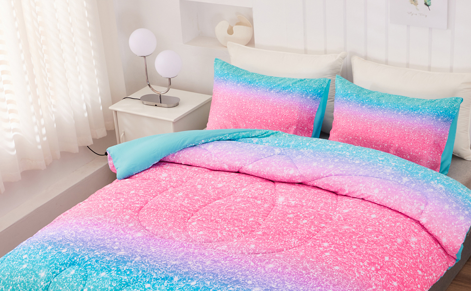 KADSH Queen Size Starry Comforter Sets - Colorful Glitter Galaxy Pink Comforter Set Queen, Rainbow Girls Pink Bedding… Chic Glitter Design