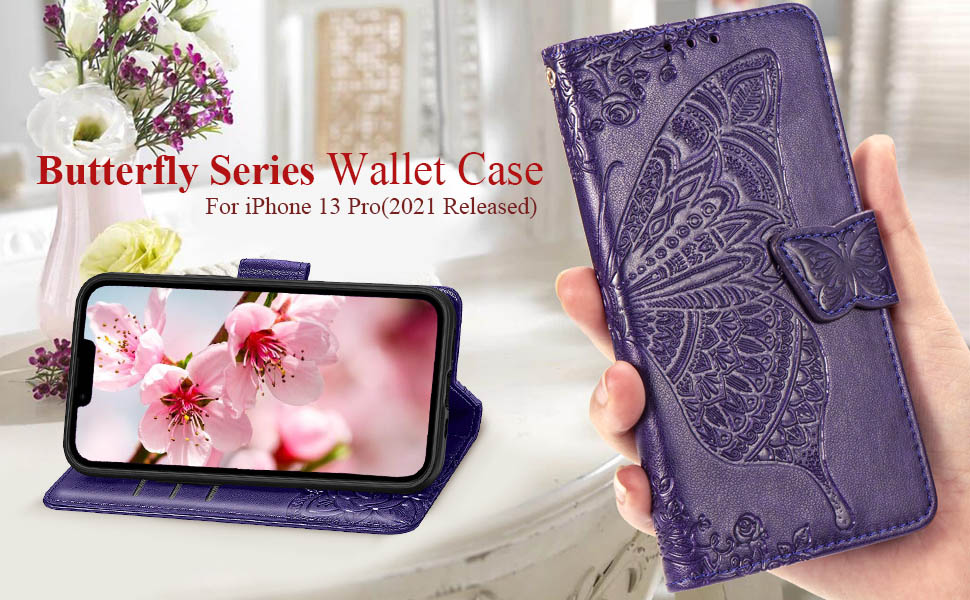 Designed for iPhone 13 Pro Case Wallet for Women,Flip Folio Cover with Butterfly